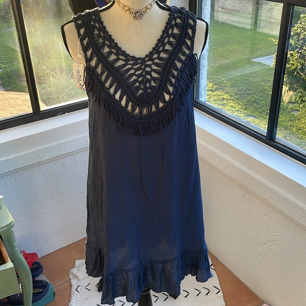 NWT Aloro‎ PomPom Crochet Gauzy Swimsuit Cover-up in Navy Size Medium - Picture 4 of 7